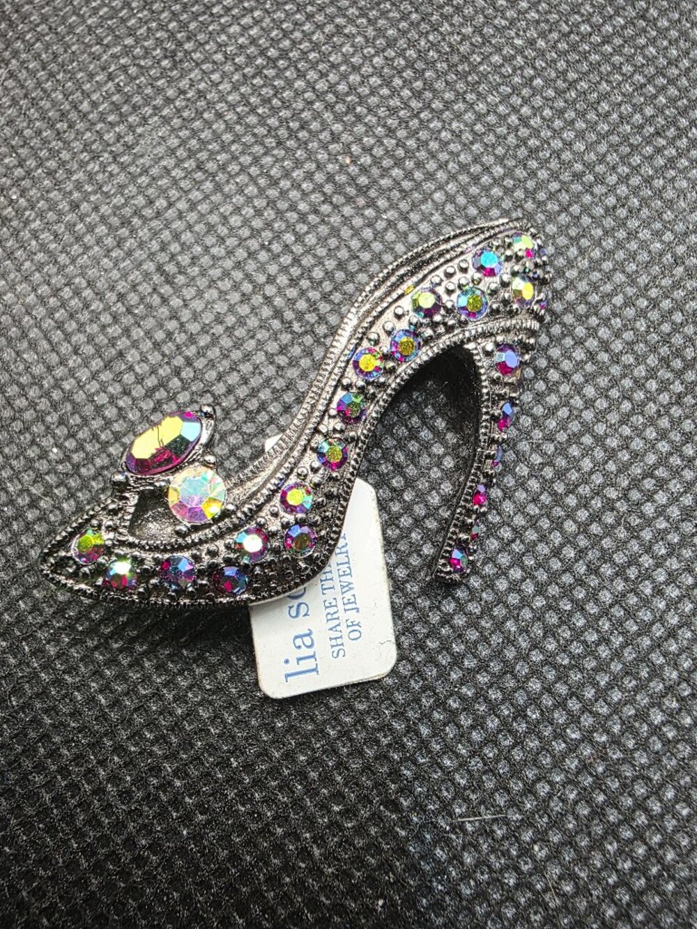 Vintage Lia Sophia AB Rhinestone High Heel Shoe Brooch Pin Gunmetal Diva As Is